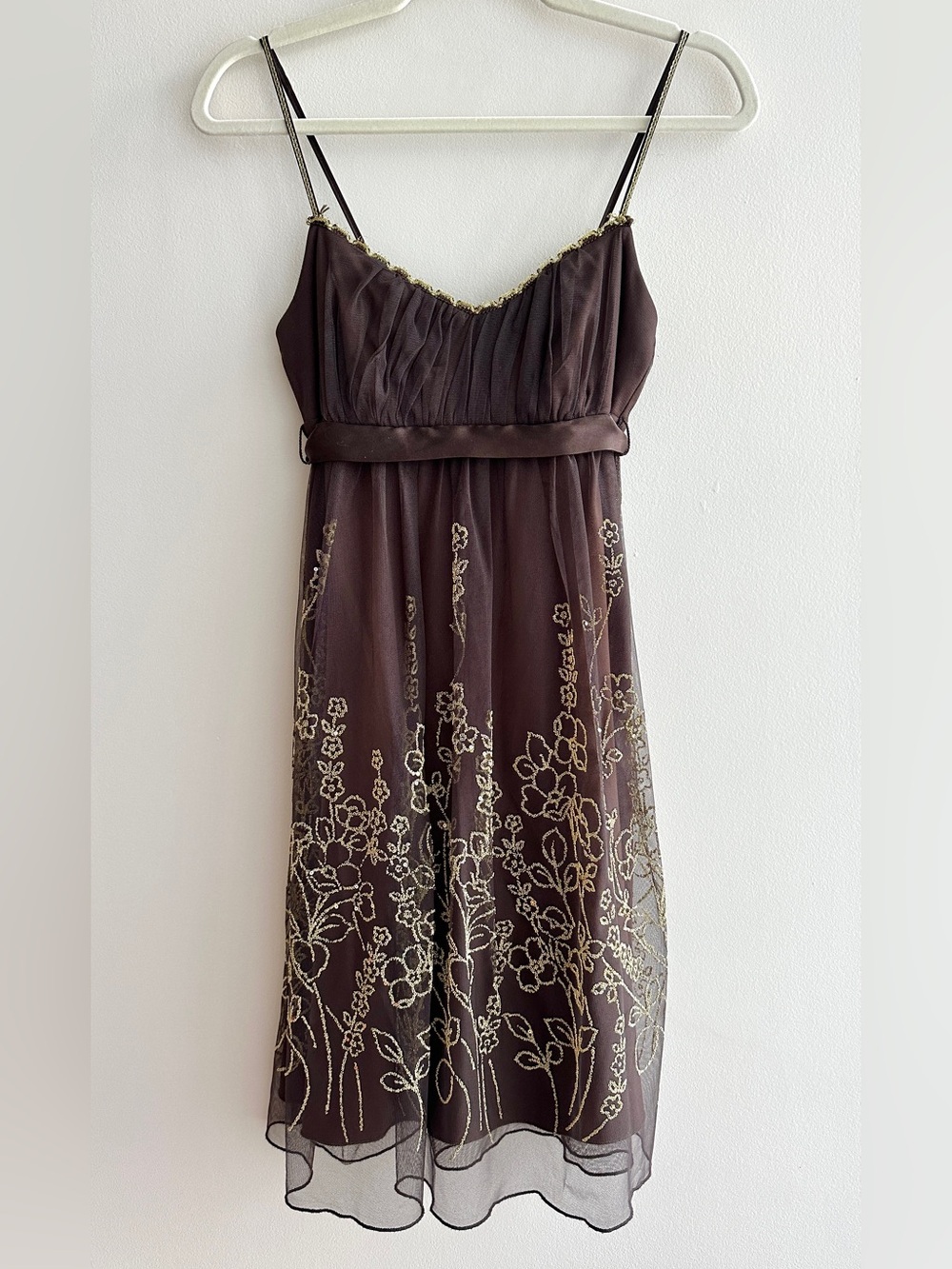 Teeze Me Brown and Gold Beaded Mesh Mini Dress, Homecoming/Cocktail, Size Small